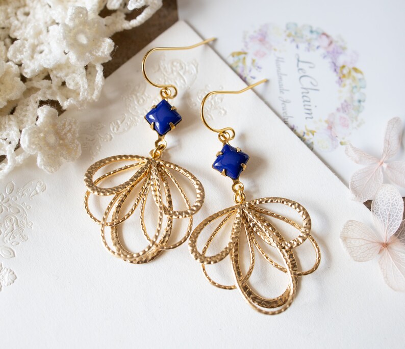Lace Filigree Earrings Vintage Lapis Lazuli Glass Stone Earrings Gold and Navy Blue Earrings Gift for Women