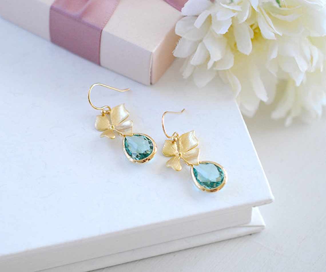 Seafoam Green Earrings Gold Orchid Flower Aqua Blue Glass Etsy