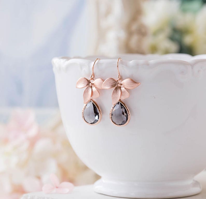 Gray Glass Teardrop Rose Gold Orchid Flower Dangle Earrings, Rose Gold Jewelry, Bridesmaid Gift, Birthday Gift for wife, Gift for Mom, image 1