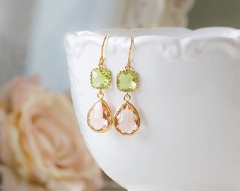 Light Green Peach Champagne Earrings Peridot Green Light Peach Glass Drop Earrings Gold Dangle Earrings Bridesmaid Earrings Wedding Jewelry