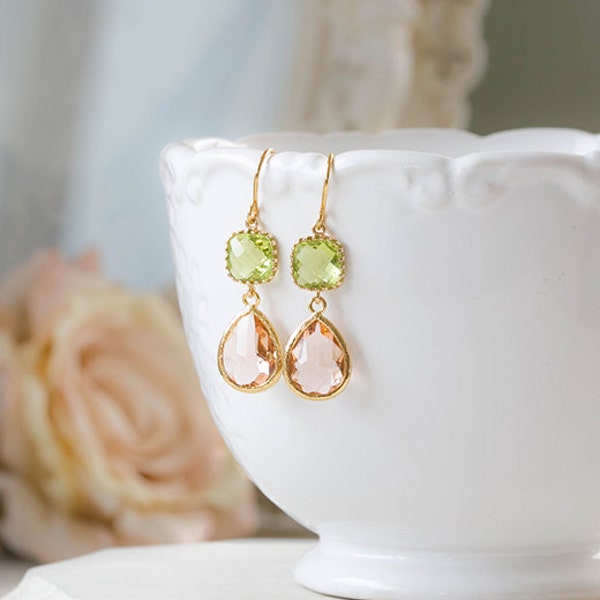 Light Green Peach Champagne Earrings Peridot Green Light Peach Glass Drop Earrings Gold Dangle Earrings Bridesmaid Earrings Wedding Jewelry