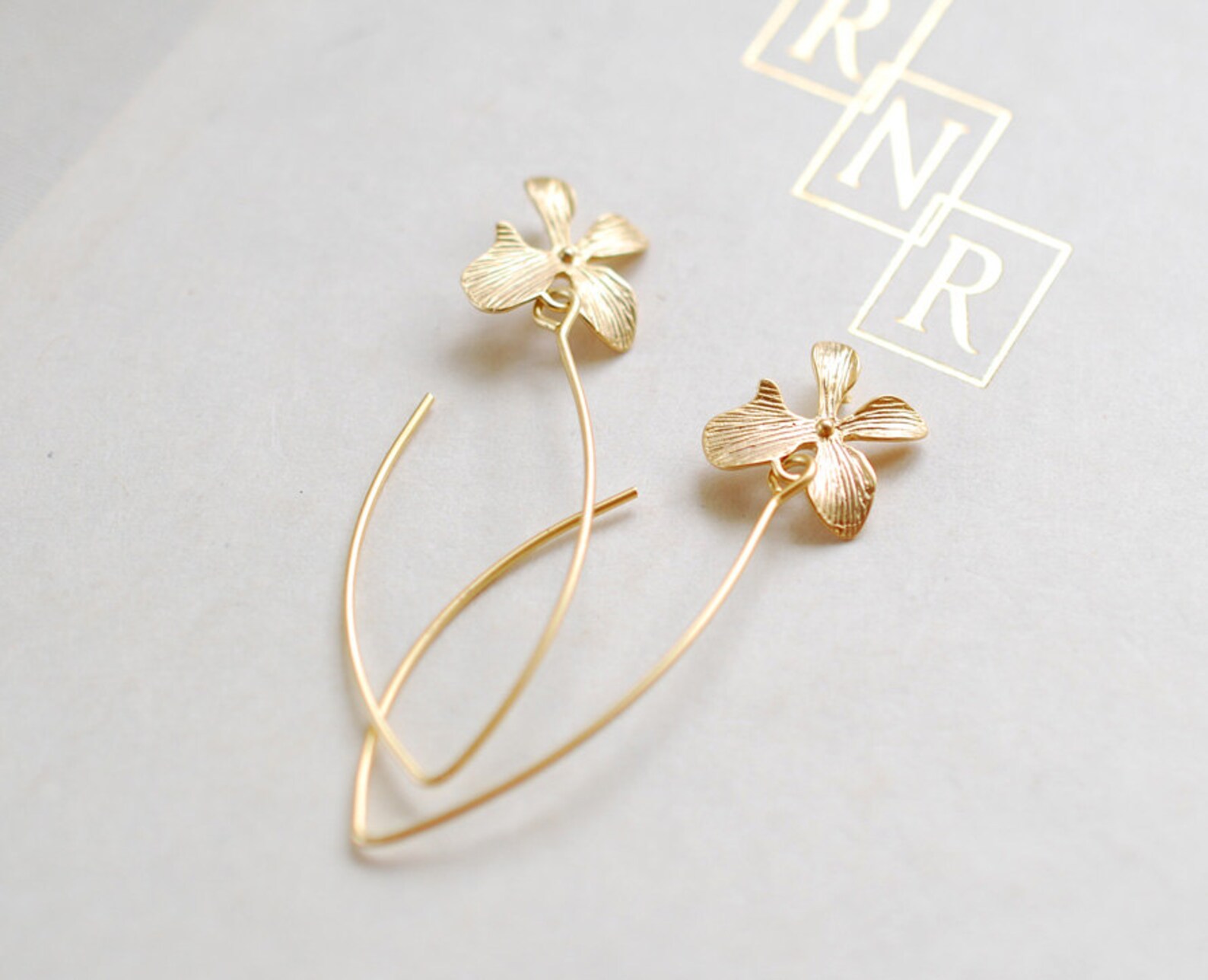 Gold Orchid Flower Long Dangle Earrings Simple Everyday Day Etsy
