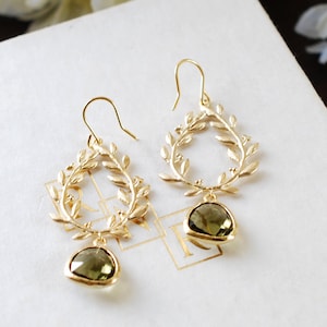 Dark Olive Green Gold Leaf Laurel Wreath Dangle Earrings, Olivine Wedding Jewelry, Gift for Mom wife girlfriend Sister image 3