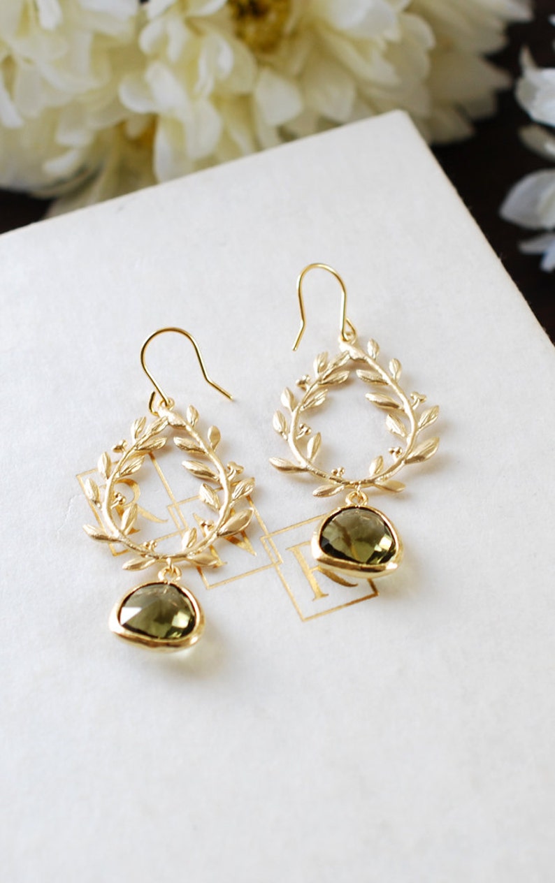 Dark Olive Green Gold Leaf Laurel Wreath Dangle Earrings, Olivine Wedding Jewelry, Gift for Mom wife girlfriend Sister image 3