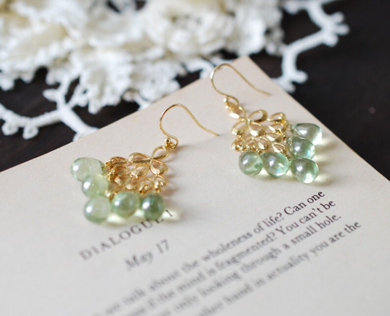 Mint Green Glass Drops Chandelier Earrings. Mint Green Czech Glass Drops, Gold Peacock Feather Chandelier Earrings. Summer Accessory image 2