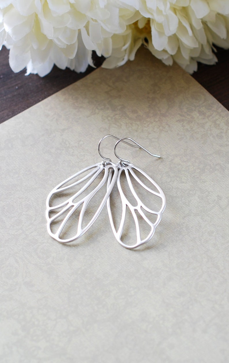 Silver Wing Earrings. Matte Silver Fairy Wings Earrings, Butterfly Wings Earrings, Cicada Wings Earrings. Filigree Wing Jewelry image 2