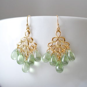 Mint Green Glass Drops Chandelier Earrings. Mint Green Czech Glass Drops, Gold Peacock Feather Chandelier Earrings. Summer Accessory image 1