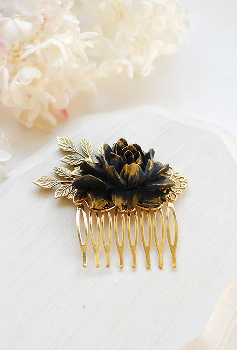 Black Flower Hair Comb Antique Gold Leaf Black Rose Hair Comb Etsy