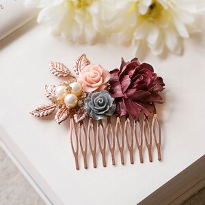 Rose Gold Bridal Hair Comb Maroon Burgundy Dark Red Wedding Hair Comb Red Gray Dusty Pink Flower Pearl Rhinestone Fall Autumn Wedding Comb image 2