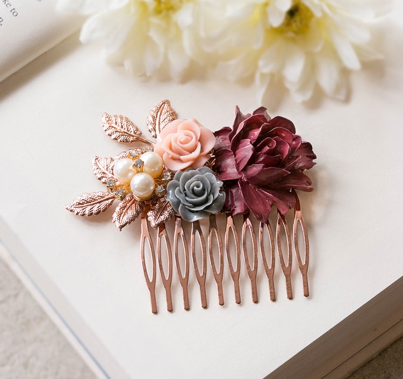 Rose Gold Bridal Hair Comb Maroon Burgundy Dark Red Wedding Hair Comb Red Gray Dusty Pink Flower Pearl Rhinestone Fall Autumn Wedding Comb image 2