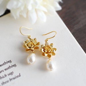 Gold Lotus Cream Pearl Earrings, Yoga Lotus Jewelry, Ivory Cream White Teardrop Pearls Dangle Earrings, Wedding Bridal Gold Earrings