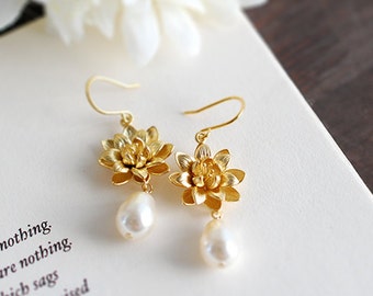 Gold Lotus Cream Pearl Earrings, Yoga Lotus Jewelry, Ivory Cream White Teardrop Pearls Dangle Earrings, Wedding Bridal Gold Earrings