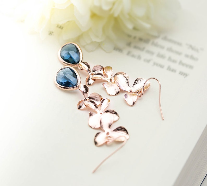 Rose Gold Earrings, Navy Blue Wedding Bridal Earrings, Bridesmaid Earrings, Orchid Flower Sapphire Blue Long Dangle Earrings, Gift for women image 2