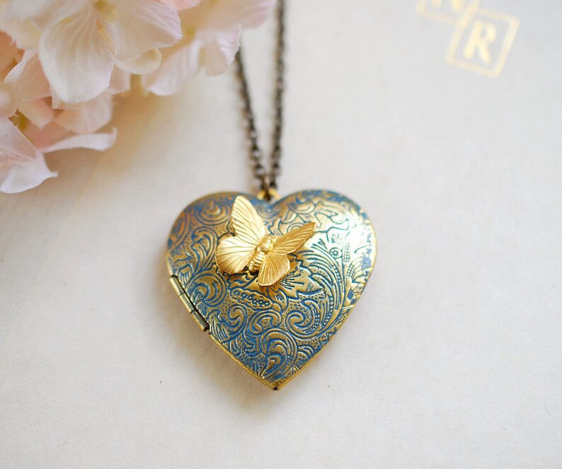 Heart Locket Necklace Butterfly Locket Verdigris Blue Gold Etsy
