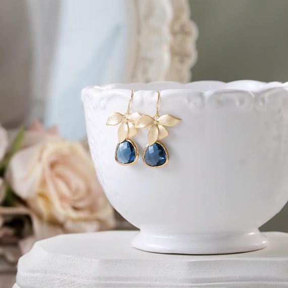 Navy Blue Earrings, Sapphire Blue Earrings with Gold Orchid Flower, Navy Wedding Jewelry, Bridesmaid Earrings, September Birthstone Jewelry