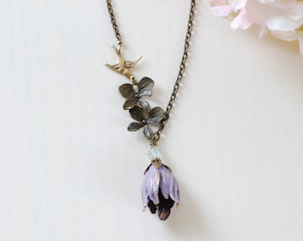 Tulip Necklace, Purple Violet Brass Tulip Flower Orchid  Swallow Bird Necklace, Gift for mom Wife Girlfriend, gift for her