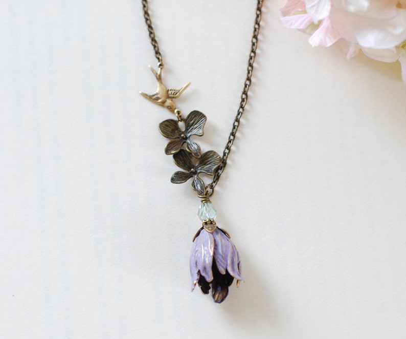 Tulip Necklace, Purple Violet Brass Tulip Flower Orchid Swallow Bird Necklace, Gift for mom Wife Girlfriend, gift for her image 1