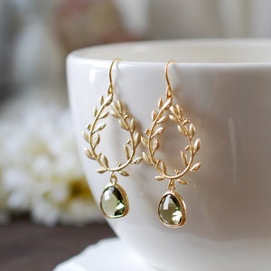 Dark Olive Green Gold Leaf Laurel Wreath Dangle Earrings, Olivine Wedding Jewelry, Gift for Mom wife girlfriend Sister image 5
