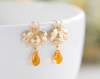 Bee Earrings Gold Honey Bee Topaz Glass Drop Earrings Dangle Earrings Bee Jewelry Gift for Bee Lover Summer Jewelry November Birthstone