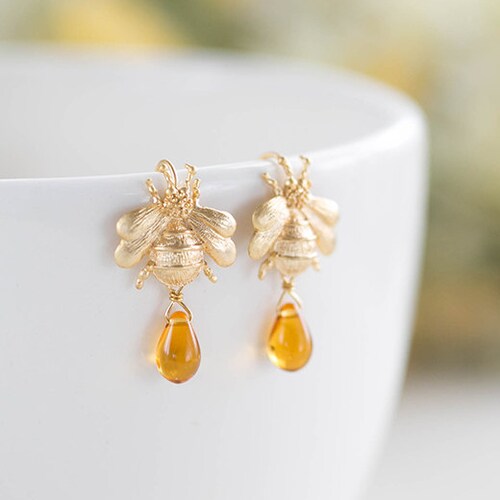 Bee Earrings Gold Honey Bee Topaz Glass Drop Earrings Dangle Etsy