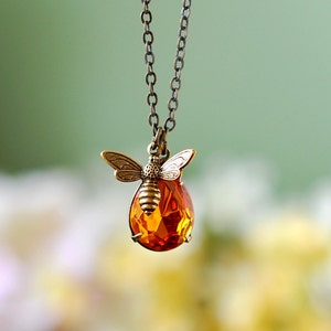Bee Necklace With Topaz Honey Drop, Bee Jewelry, Honey Bee Humble Bee Necklace, Bee Charm Necklace, Gift for Women for Bee lover Bee Kepper image 1