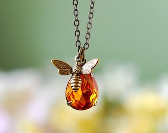 Bee Necklace With Topaz Honey Drop, Bee Jewelry, Honey Bee Humble Bee Necklace, Bee Charm Necklace, Gift for Women for Bee lover Bee Kepper