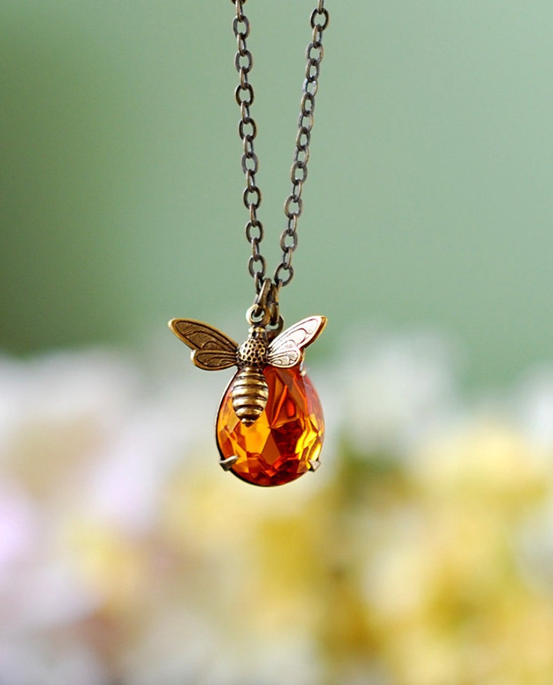 Bee Necklace With Topaz Honey Drop, Bee Jewelry, Honey Bee Humble Bee Necklace, Bee Charm Necklace, Gift for Women for Bee lover Bee Kepper image 1