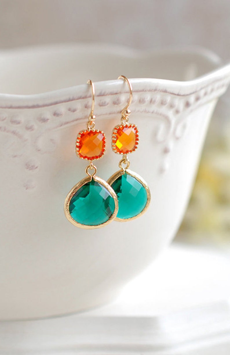 Orange and Emerald Green Earrings Gold Plated Orange and Etsy