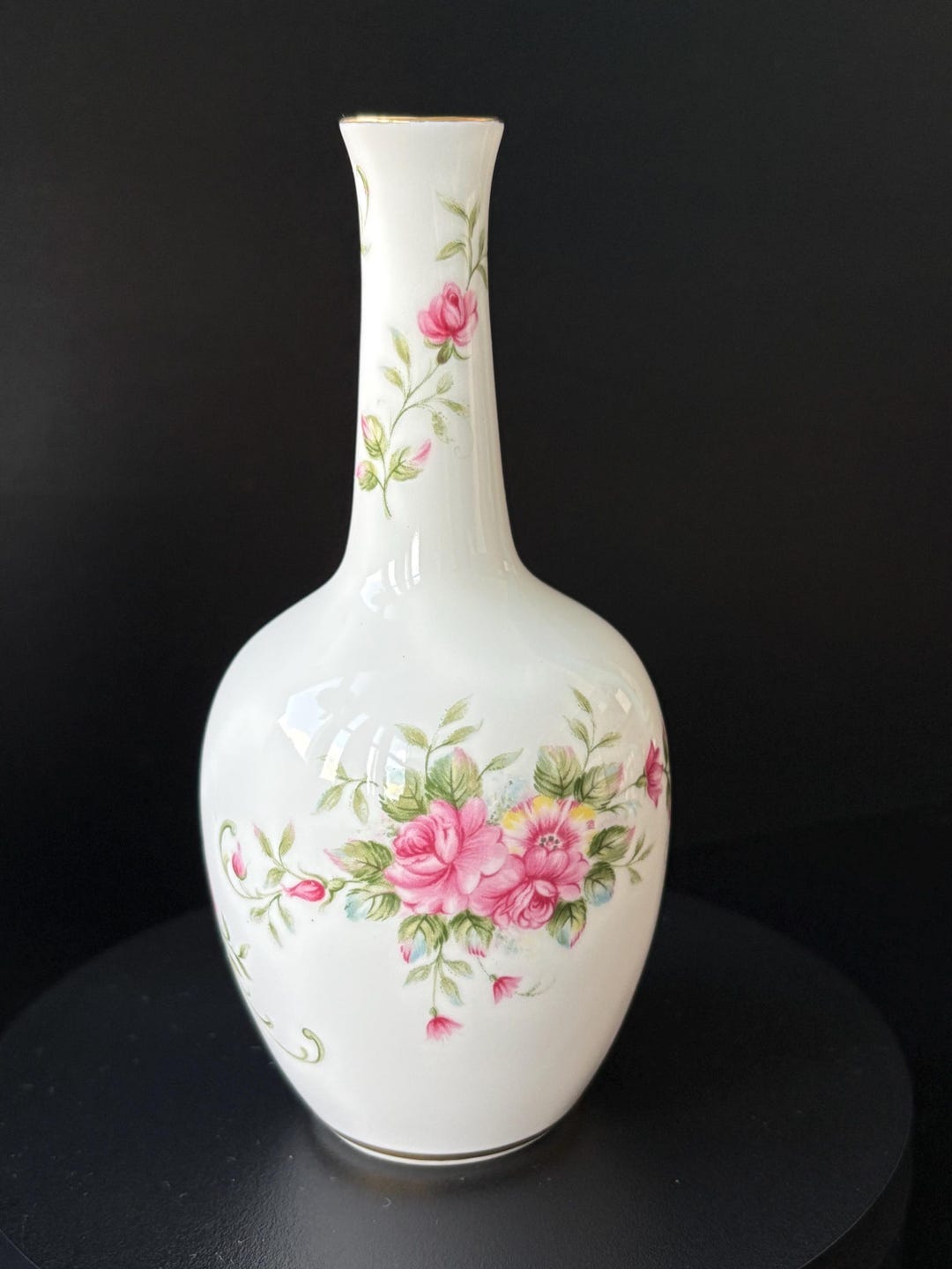 Vintage White Porcelain Flower Vase With Pink Rose Floral Design & Gold ...