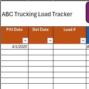 May include: A spreadsheet titled "ABC Trucking Load Tracker" with columns for tracking load details. The spreadsheet includes fields for dates, driver information, origin, destination, and load pay. A purple banner at the top says "TO ADD MORE BLANK ROWS".