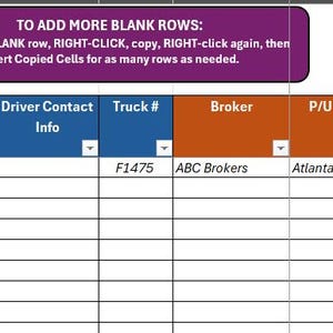 Pode incluir: Uma planilha intitulada "ABC Trucking Load Tracker" com colunas para datas de coleta e entrega, número da carga, informações do motorista, corretor, origem, destinos, datas de início e término e pagamentos da carga. A primeira entrada mostra uma data de coleta de 4/1/2025.