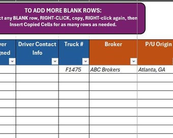 Puede incluir: Una hoja de cálculo titulada "ABC Trucking Load Tracker" con columnas para las fechas de recogida y entrega, el número de carga, la información del conductor, el corredor, el origen, los destinos, las fechas de inicio y fin y los pagos de la carga. La primera entrada muestra una fecha de recogida del 4/1/2025.