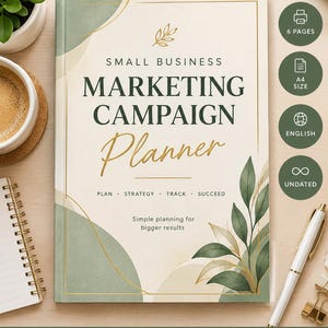Puede incluir: Un planificador de campañas de marketing para pequeñas empresas con cubierta color crema, formas abstractas verdes y detalles en líneas doradas. El texto dice: Small Business Marketing Campaign Planner, Plan, Promote, Grow Your Business.