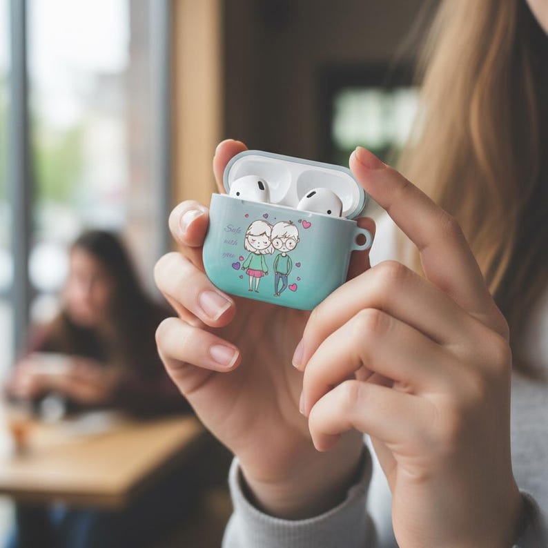 Gepersonaliseerde AirPods-hoesje voor koppels – aangepaste illustratie jubileumcadeau afbeelding 1