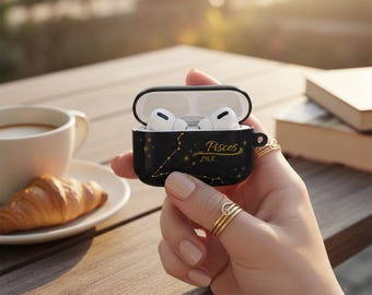 Pisces Zodiac AirPod 1 2 3 4 and  Pro 1 2 3 Case, Gold Constellation Earbud Cover, Black Celestial AirPods Case, Astrology Gift for Her