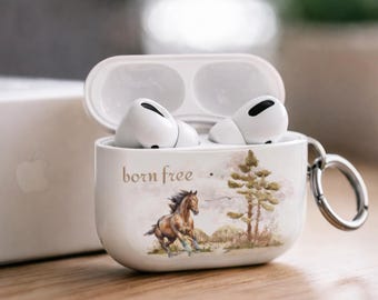 Custom Name Horse AirPods Case | Personalized Watercolor Equestrian Gift | Cover for AirPods Pro 2 1, AirPods 4 3 | Wild Nature Lover