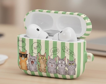 Personalized Cartoon Cats AirPods 1 2 3 4, AirPods Pro 1 2 Case | Custom Name Cat Speech Bubble, Green Stripes