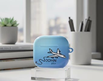 Personalized Airplane Line Art AirPods 1 2 3 4 And AirPods Pro 1 2 Case | Gifts For Pilot Or Flight Attendant