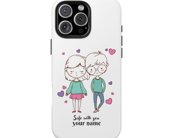 Leuk telefoonhoesje voor stel, veilig bij jou-hoesje, cadeau voor haar, Valentijnsdag, jubileum stel, aangepaste telefoonaccessoires