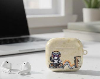 Retro DJ Cat cassette tape AirPods 1 2 3 4 Pro 1 2 Case | Premium Vintage music headphone cover