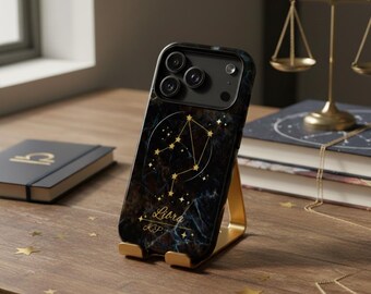 Personalized Libra Constellation Phone Case, Dark Marble Zodiac Cover with Gold Initials, Custom Gift for iPhone 17 16 15 14 13 Pro Max