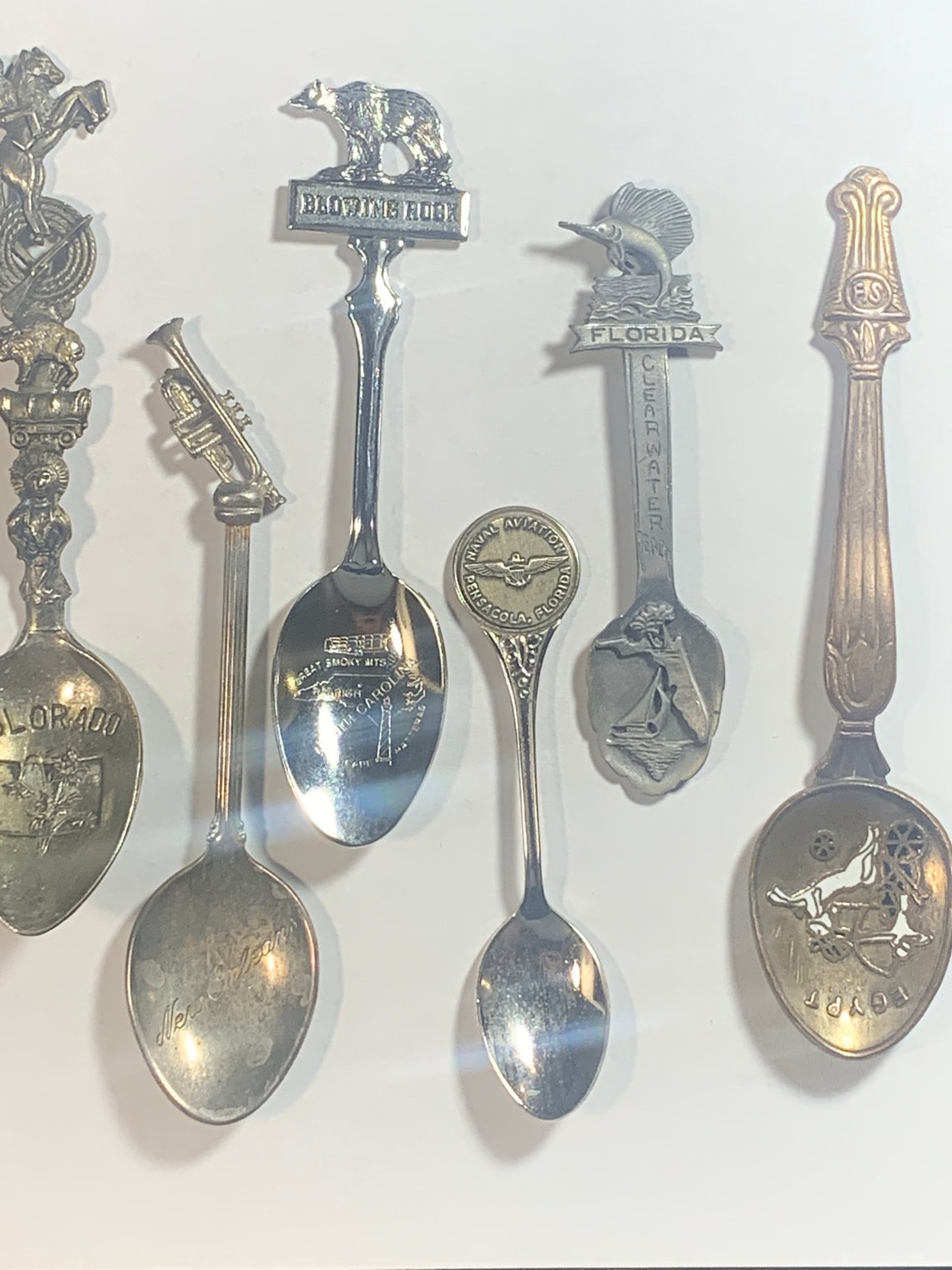 9 Collectors Spoons, Baltimore, Chicago, Blowing Rock, Egypt, Naval