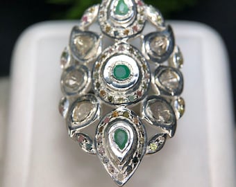 Anillo de diamantes y esmeraldas naturales / Anillo de cóctel llamativo / Plata de ley 925 / Estilo mogol vintage Polki / Anillo grande de lujo estilo boho
