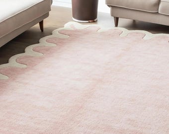 Blush Pink Scalloped Wool Rug, Abstract Hand Tufted Living Room Area Rug, Custom Sizes