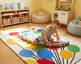 Handgetufteter Kinderteppich aus Neuseeland Wolle, Buntes Luftballons Design