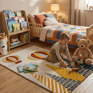 Könnte beinhalten: Ein rechteckiger Teppich mit cremefarbenem Hintergrund, verziert mit zwei Heißluftballons in Orange, Gelb und Blau sowie stilisierten gelben und dunkelgrauen dreieckigen Baummotiven und kleinen weißen Sternen, die über die Oberfläche verteilt sind.