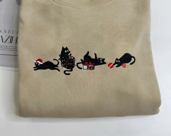Cute cat embroidered Christmas sweatshirt