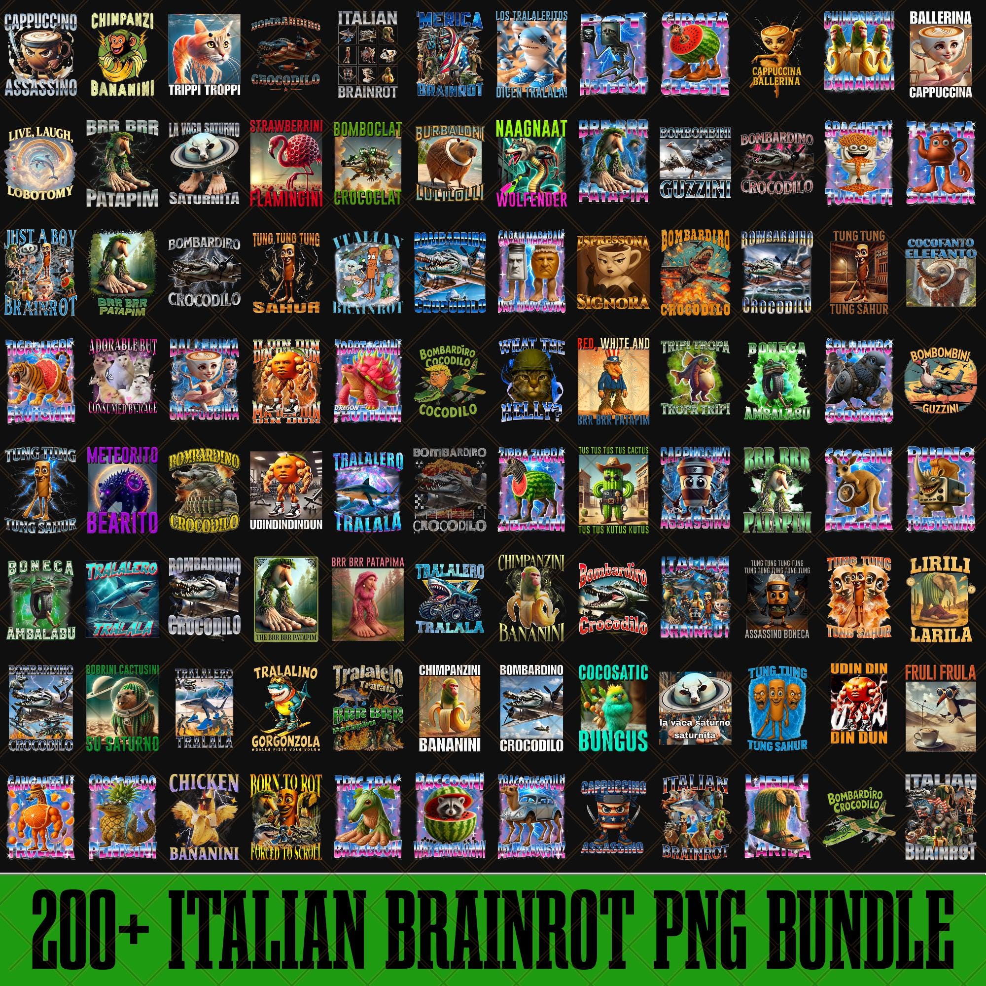 200+ Italienische Brainrot Hommage Png Bündel, Italienische Gehirnrot Shirt Design, Bombardino Crocodilo Png, Tralalero Tralala, Tung Tung Tung Sahur Png