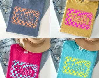 Retro Teacher PNG, Colorful Checkerboard Teacher Sublimation, Back to School Png, Groovy Love Them Teach Them Png