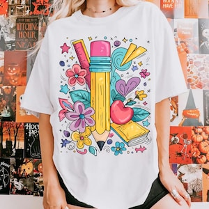 Floral Teacher Pencil PNG, Coquette Teacher Back To School Png, 1st Day Of School Png, Boho Floral Teacher Png, Brushstroke, School Girl Png